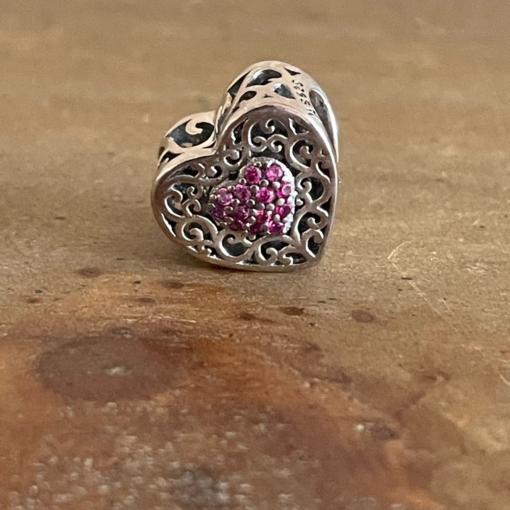 NWOT Sterling Silver Heart Charm with Pink CZ